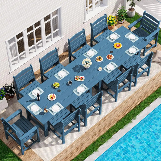 SERWALL HDPE Outdoor Dining Furniture, Outdoor Dining Set for 10, Blue