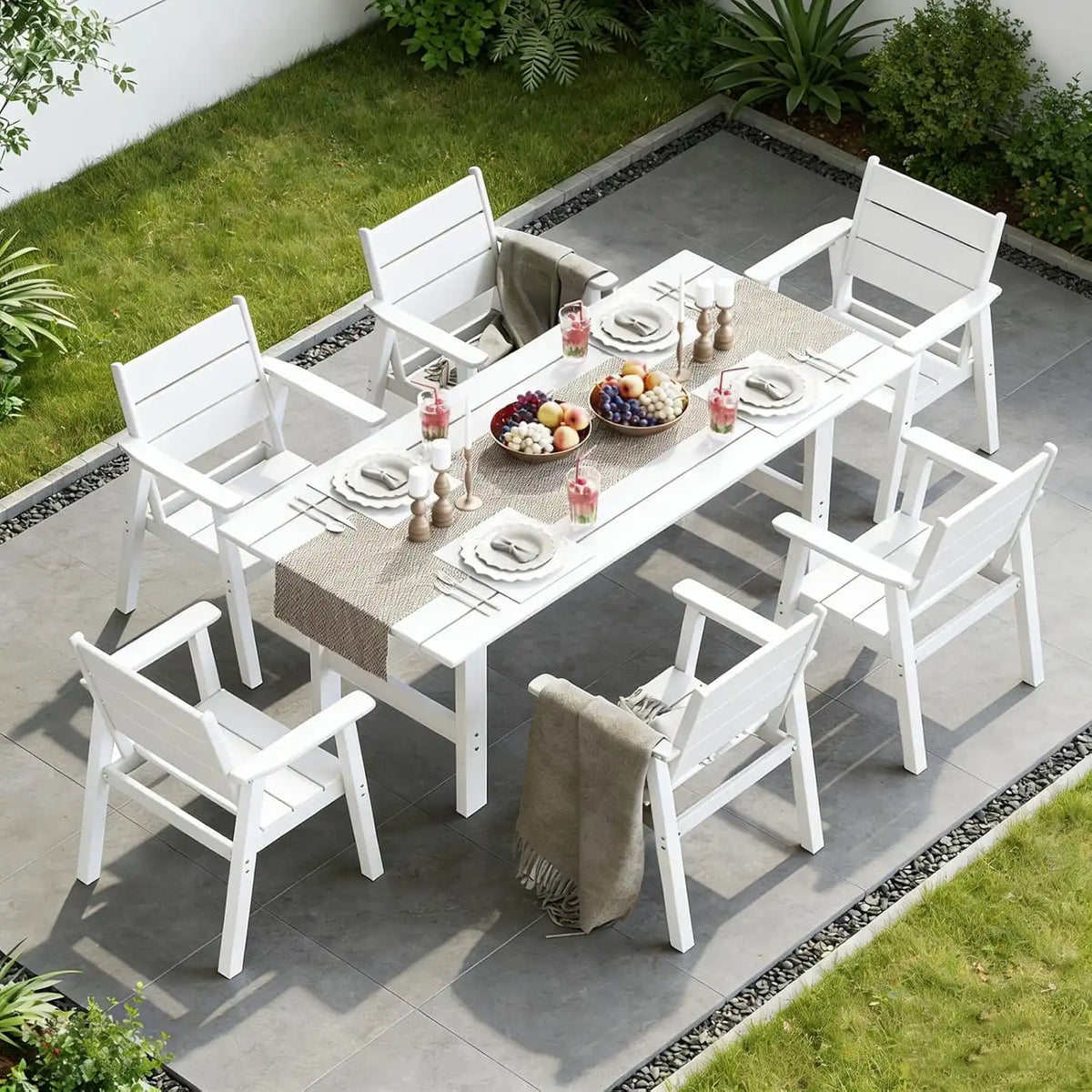 Outdoor Dining Set for 6, 7-Piece Patio Table and Chairs Set, HDPE Outdoor Dining Table and Chairs with Umbrella Hole, All-Weather Dining Furniture Set,White