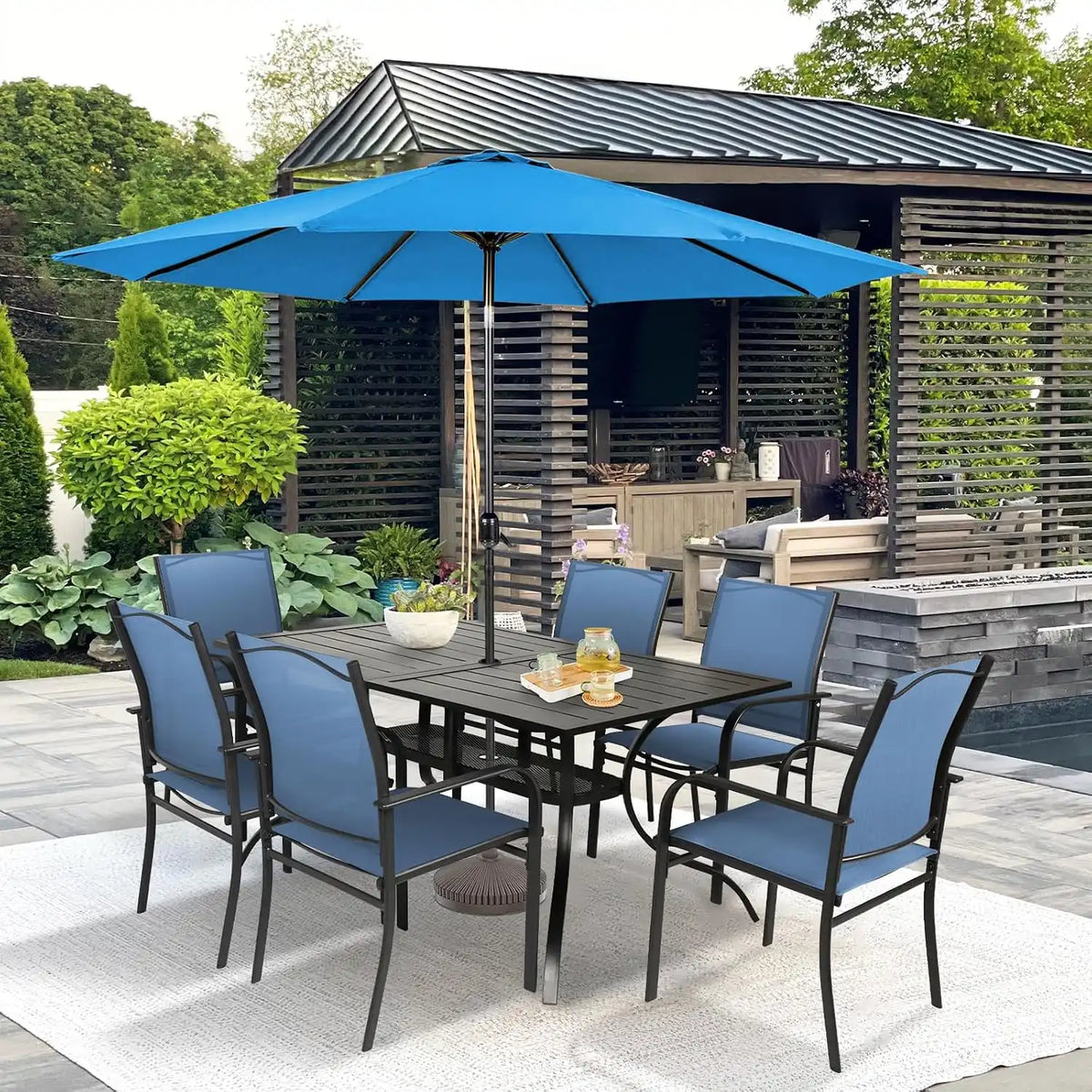 SUNCROWN 8 - Piece Outdoor Dining Set, Patio Furniture Set with 6 Textilene Dinning Chairs, 1 Rectangle Metal Table and 1 Sky Blue 9Ft Patio Umbrella for Lawn Garden Backyard Deck, Blue