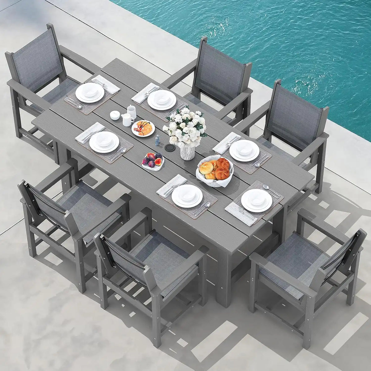 SERWALL 7 Pcs HDPE Patio Dining Set, HDPE Dining Set for 6, Gray