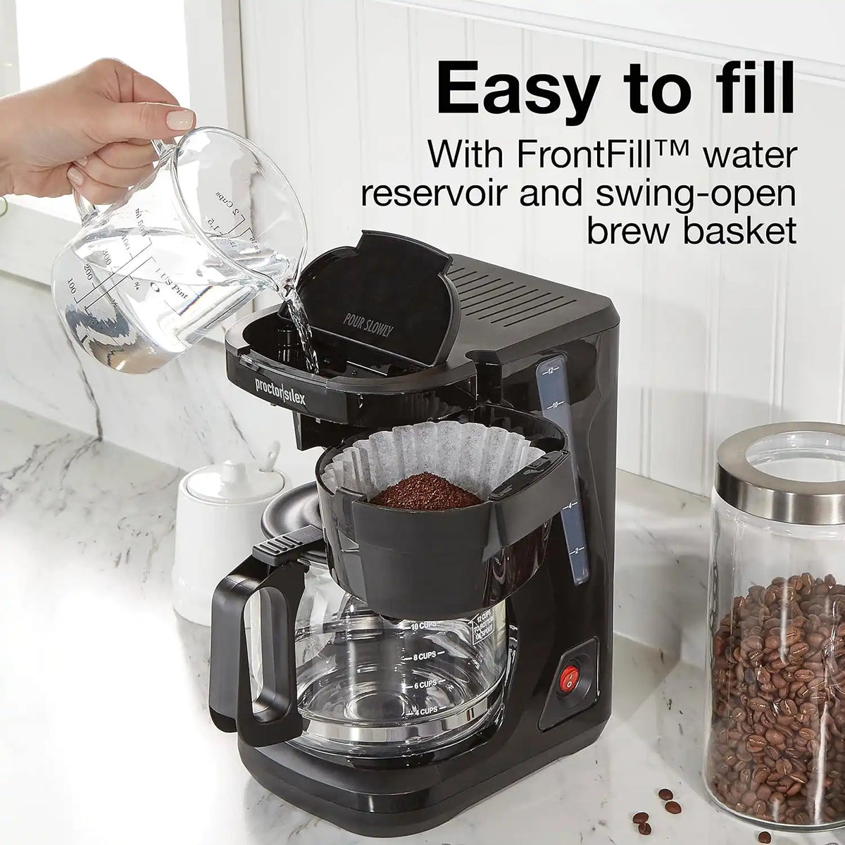 Proctor Silex FrontFill Drip Coffee Maker, 12 Cup Glass Carafe, Black and Silver (43680PS)