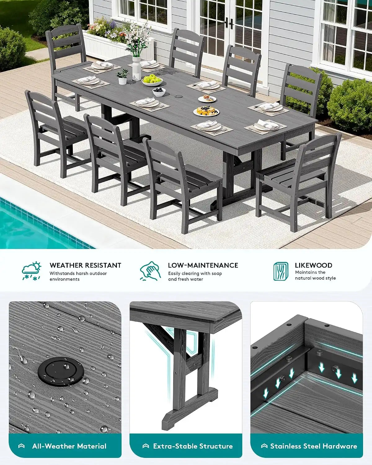 SERWALL 9Pcs 84" HDPE Outdoor Dining Set for 8 with Armless Chairs,Gray