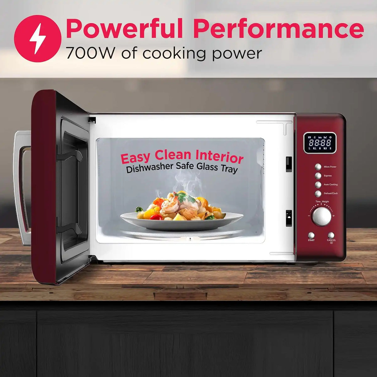 Frigidaire, 0.7 Cu. Ft. Retro Countertop Microwave Oven, 700W Compact Microwave with 8 Auto Cook Menus, Auto Defrost, 5 Power Levels, LED Display, Glass Turntable, Red-Silver
