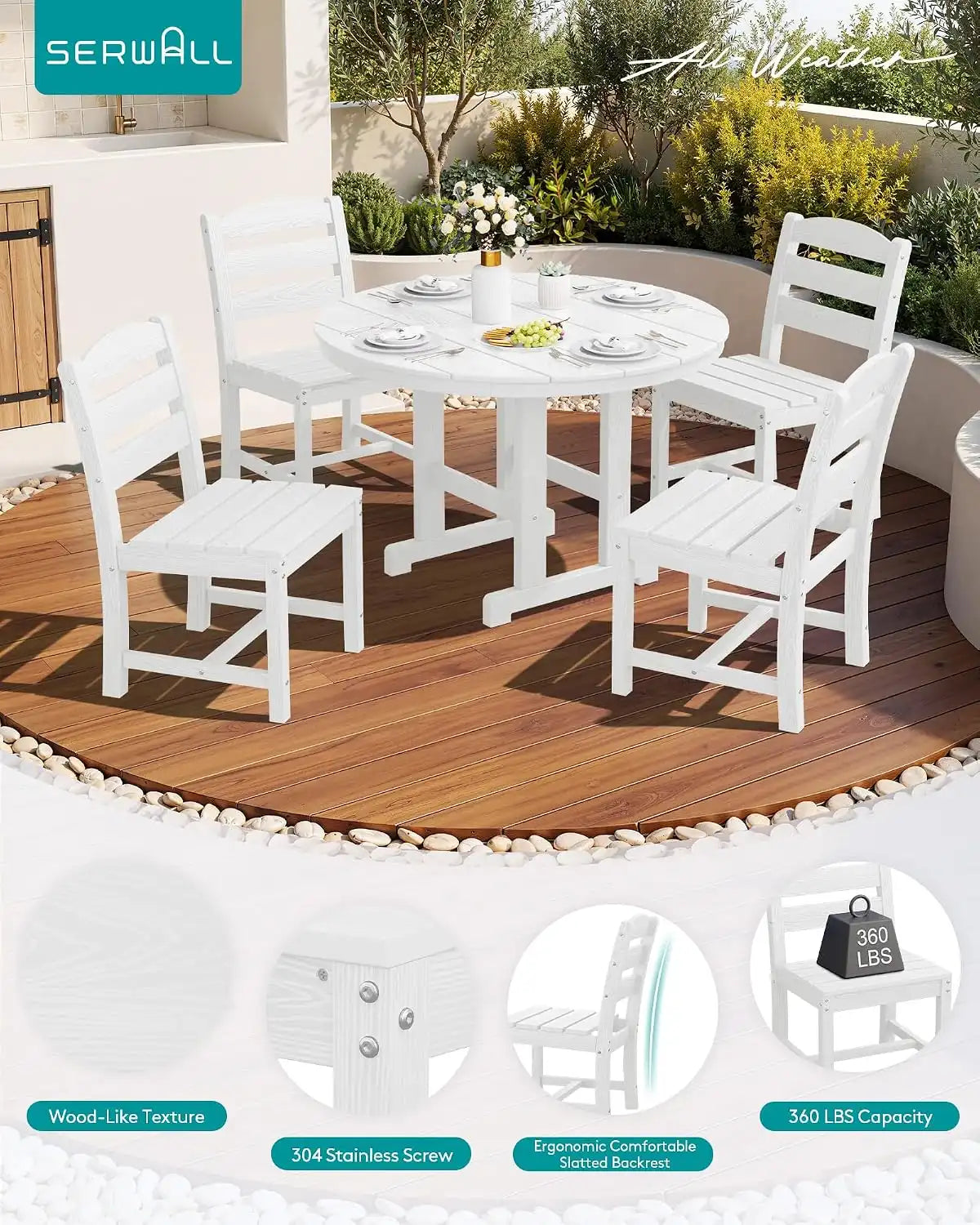 SERWALL 5-Piece Patio Dining Set, 45" Table & 4 Armless Chairs, White