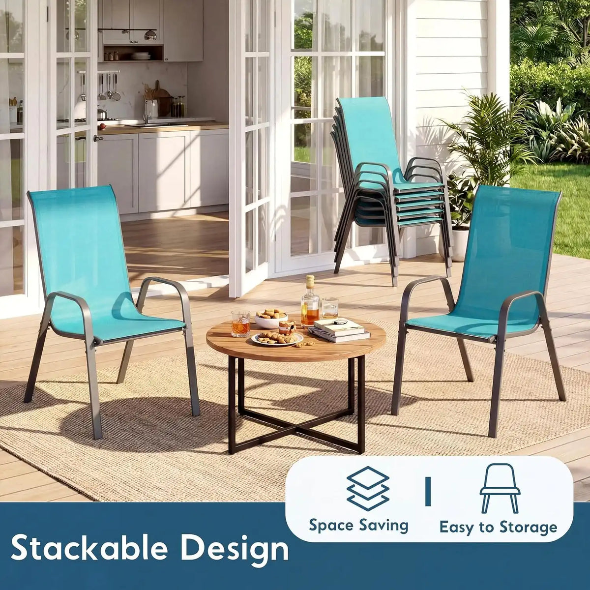 Arlopu 5 Pieces Outdoor Patio Dining Set, Glass Table and Textilene Chair