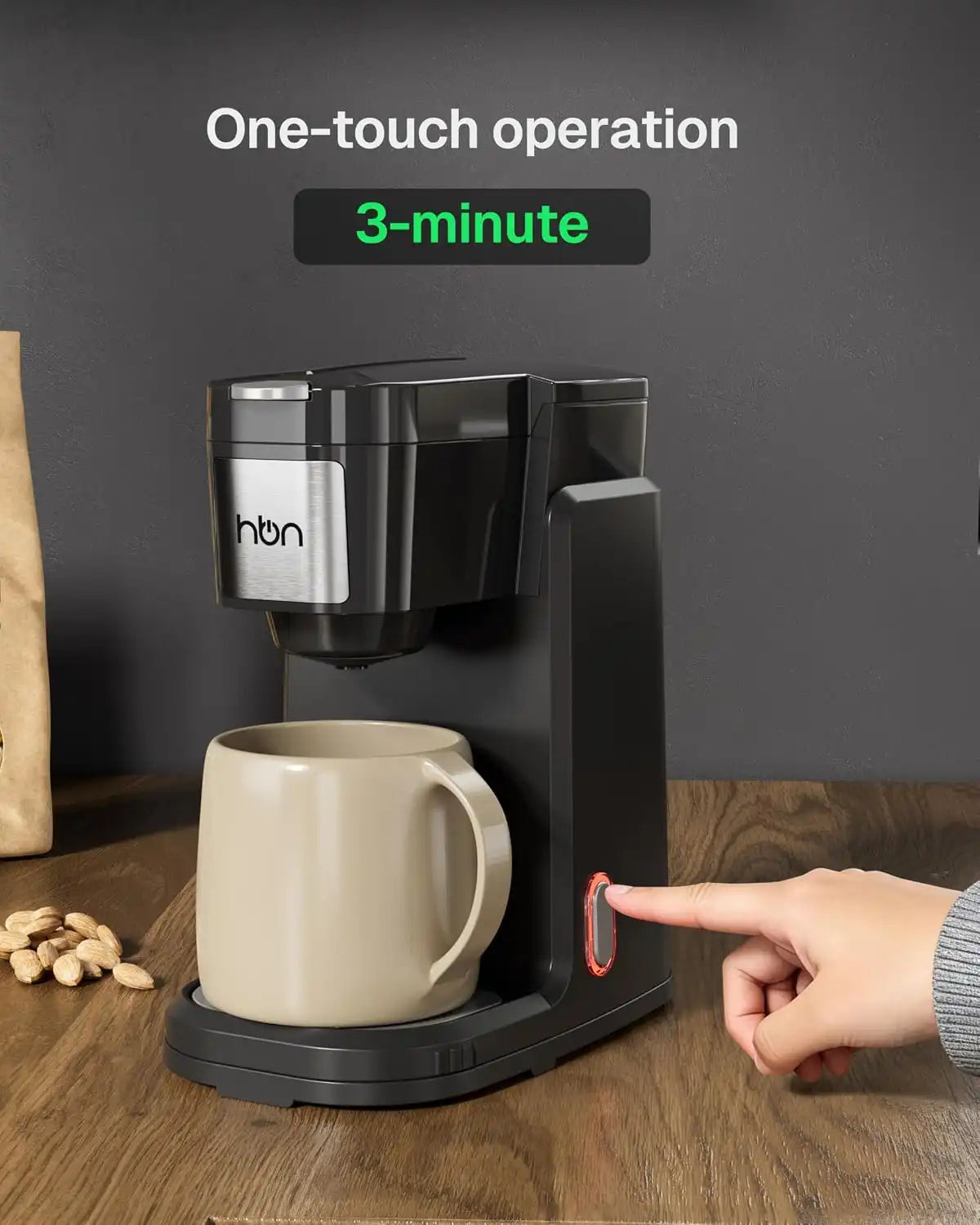 HBN Single Serve Coffee Maker for K-Cup & Ground Coffee, Fast Brew One Cup Coffee & Tea Machine with 10oz Stainless Steel Tank, Compact Design Capsule Coffee Machine, Black