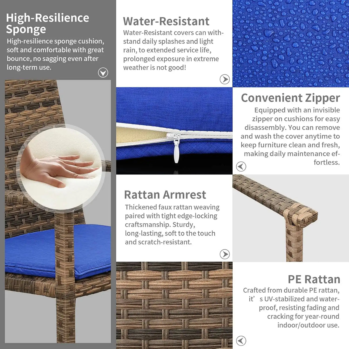 Rattaner Brown Wicker Patio Dining Set 7 Pieces Outdoor Dining Table and Chairs with Cushions and Waterproof Cover, Royal Blue