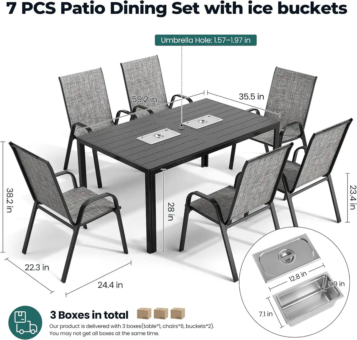Pamapic Outdoor Dining Sets for 6 with 2 304 SS Ice Buckets, Rectangular Steel Slat Table with Textilene Chairs, 7 Piece Patio Table and Chairs Set with Umbrella Hole for Patio, Backyard (Grey)