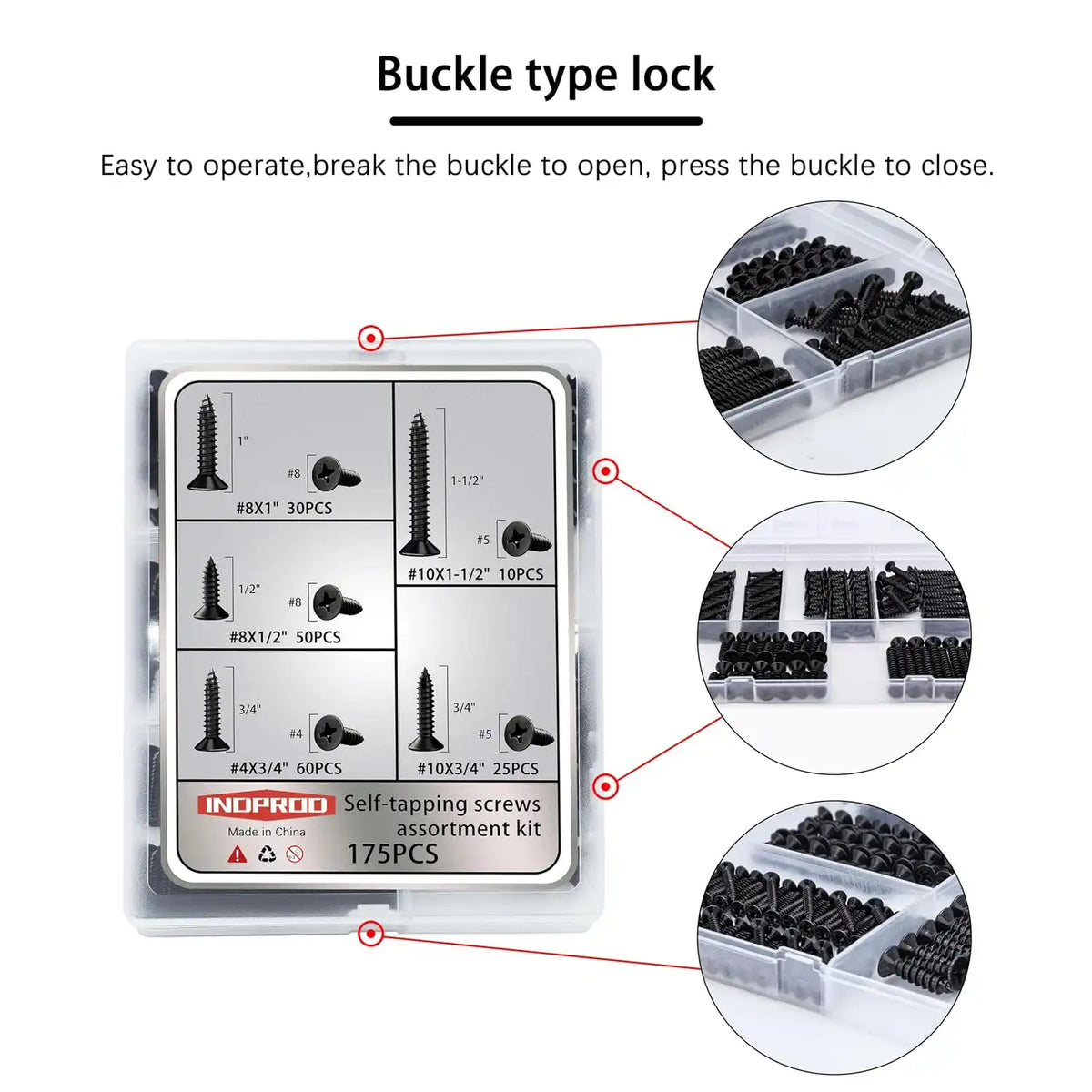 #4#8#10 Wood Screws Assortment Kit 175pcs, Phillips Flat Head Self Tapping Screws, Black Zinc Plated, Carbon Steel, Assorted Screws for Metal & Wood, Black Wood Screws - 1/2",3/4",1",1-1/2"