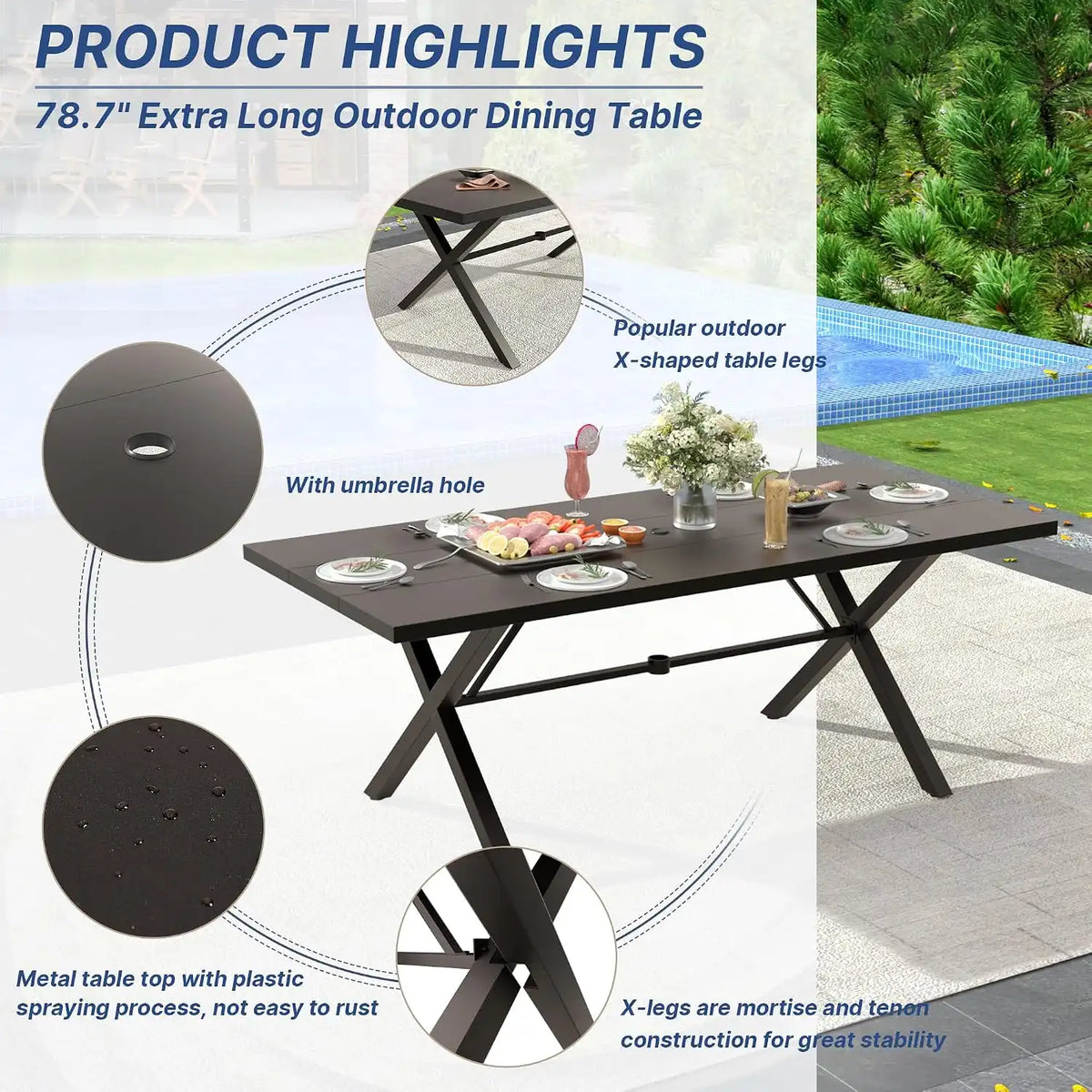 ALAULM 7-Piece Patio Dining Table and Chairs for 6 Outdoor Dining Set with 2 Swivel Chairs Patio Dining Sets with Rectangular Metal Table with Umbrella Hole for Patio, Backyard, Garden-Sand