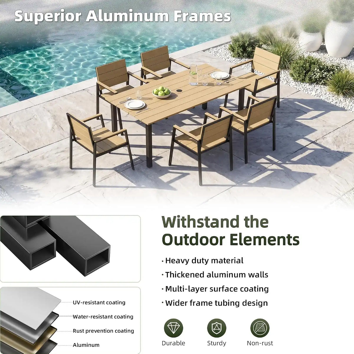 Outdoor Table and Chairs for 6 Aluminum Patio Dining Set with Umbrella Hole