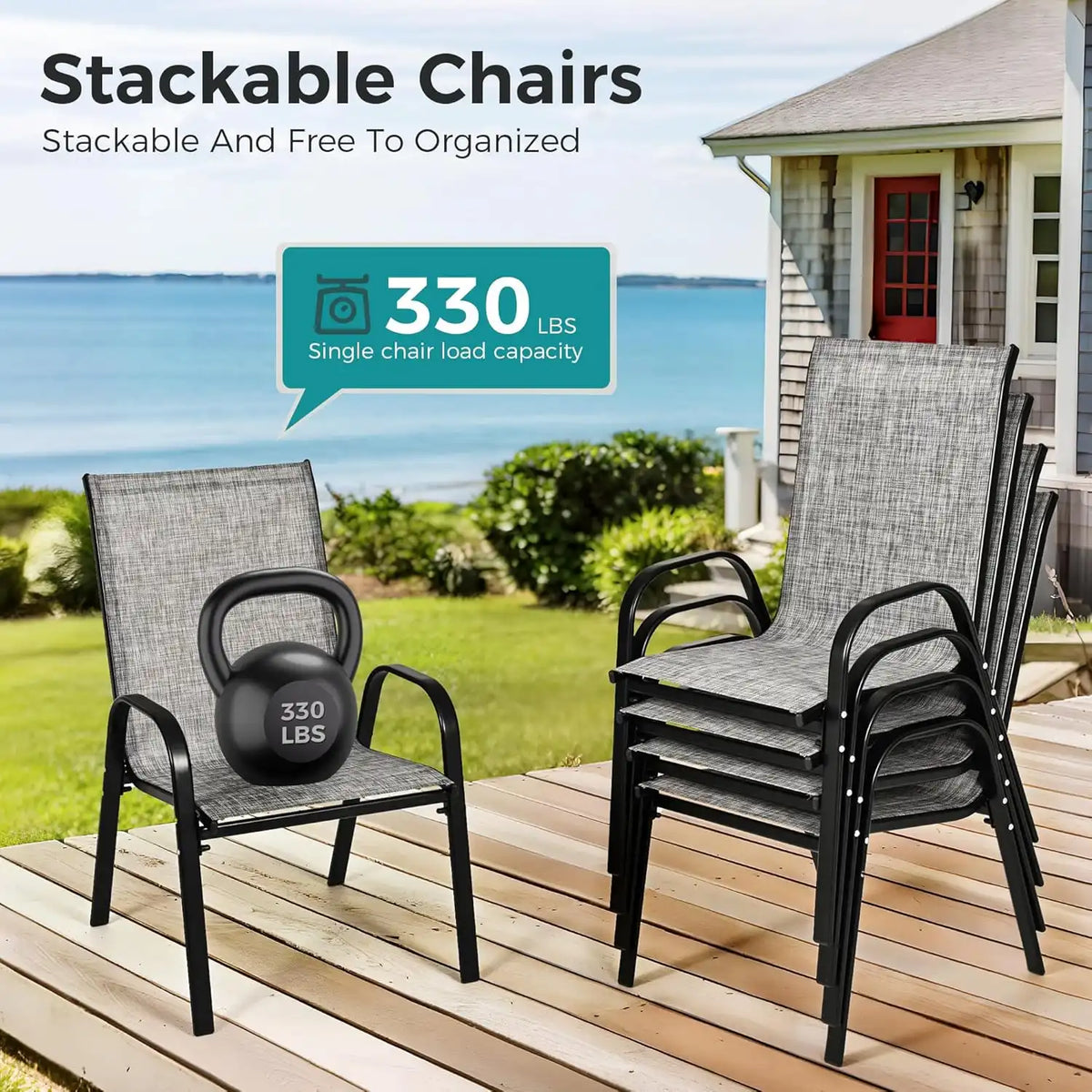 Pamapic Outdoor Dining Sets for 6 with 2 304 SS Ice Buckets, Rectangular Steel Slat Table with Textilene Chairs, 7 Piece Patio Table and Chairs Set with Umbrella Hole for Patio, Backyard (Grey)