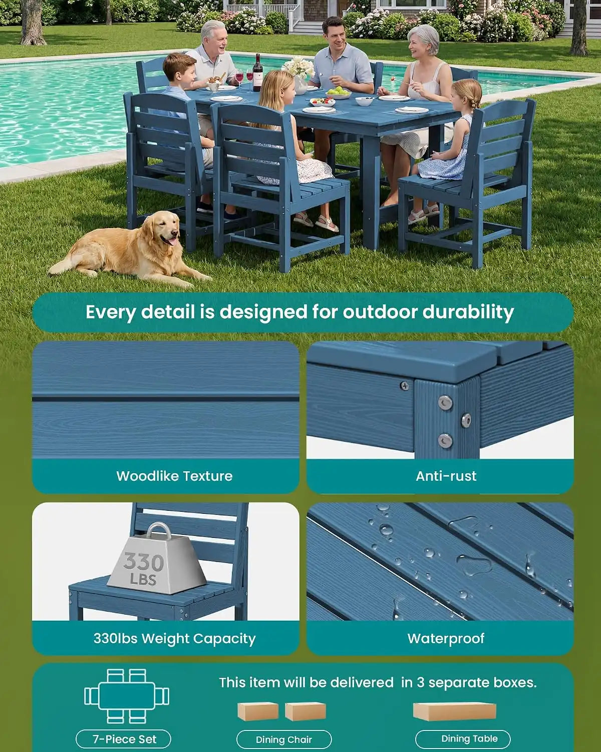 SERWALL Armless Outdoor Dining Set, Patio Dining Set for 6, Blue