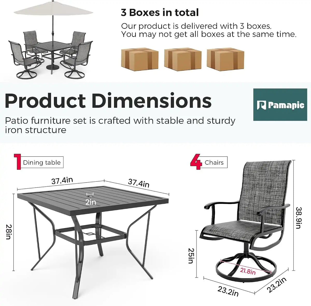 5-Piece Outdoor Dining Set, All Weather Patio Table and Chairs Set with Umbrella Hole for 4, Outdoor Table and 4 Textilene Swivel Chairs for Backyard, Poolside, Deck, Grey