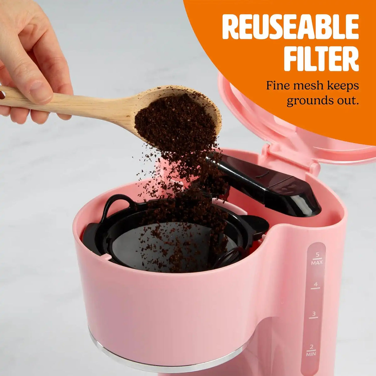 Tasty 5-Cup Coffee Maker with Auto Pause & Pour, Reusable Filter, Easy View Water Reservoir and Warming Plate, Glass Carafe, Compact Brew & Drip Coffee Maker, 5-Cup, Pink
