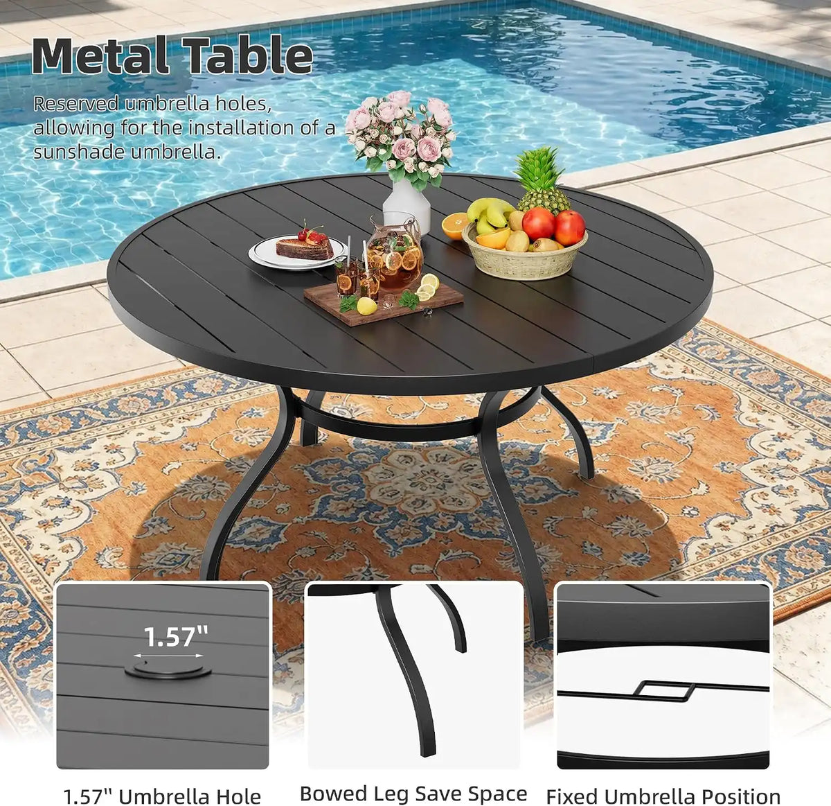SUNCROWN 8-Piece Outdoor Dining Set, All Weather Patio Furniture Sets with 6 Dark Blue Swivel Textilene Mesh Chairs & Round Metal Table & 1 Dark Blue 9Ft Umbrella for Deck Garden Backyard Poolside