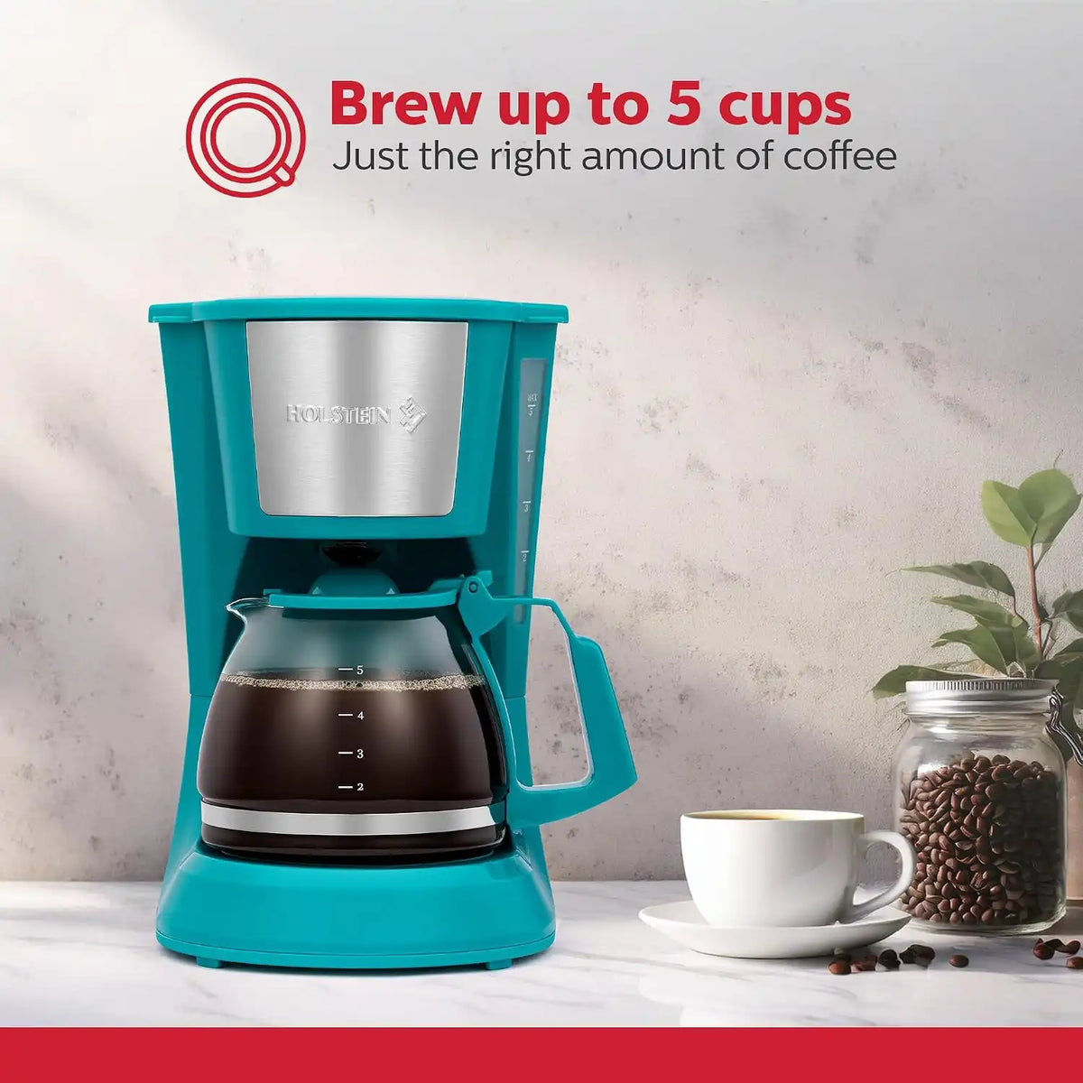 Holstein Housewares 5 Cup Drip Coffee Maker – Compact and User-Friendly with Auto Pause & Serve, Reusable Filter & Glass Carafe, Office & Dorm Use, Teal