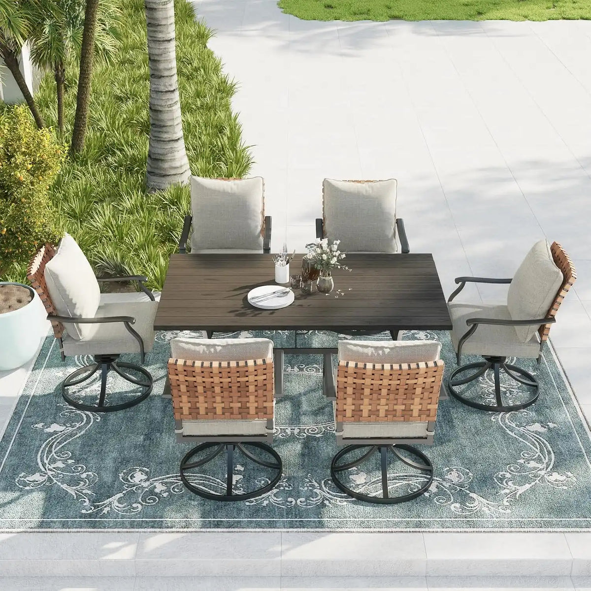Grand patio 7-Pc Outdoor Swivel Dining Set, 6 Gray Chairs + Table, Black
