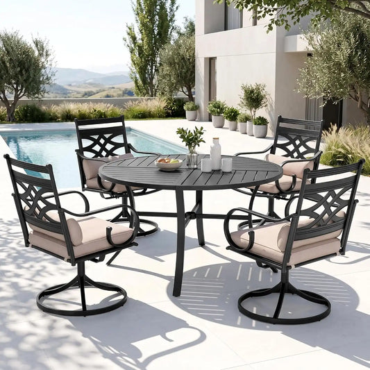PHI VILLA Patio Dining Set, Swivel Chairs, Round Metal Table