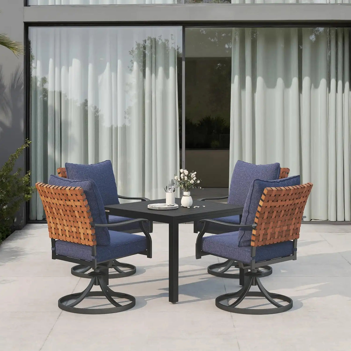 Grand patio 5-Pc Outdoor Swivel Dining Set, 4 Blue Chairs + Table, Black