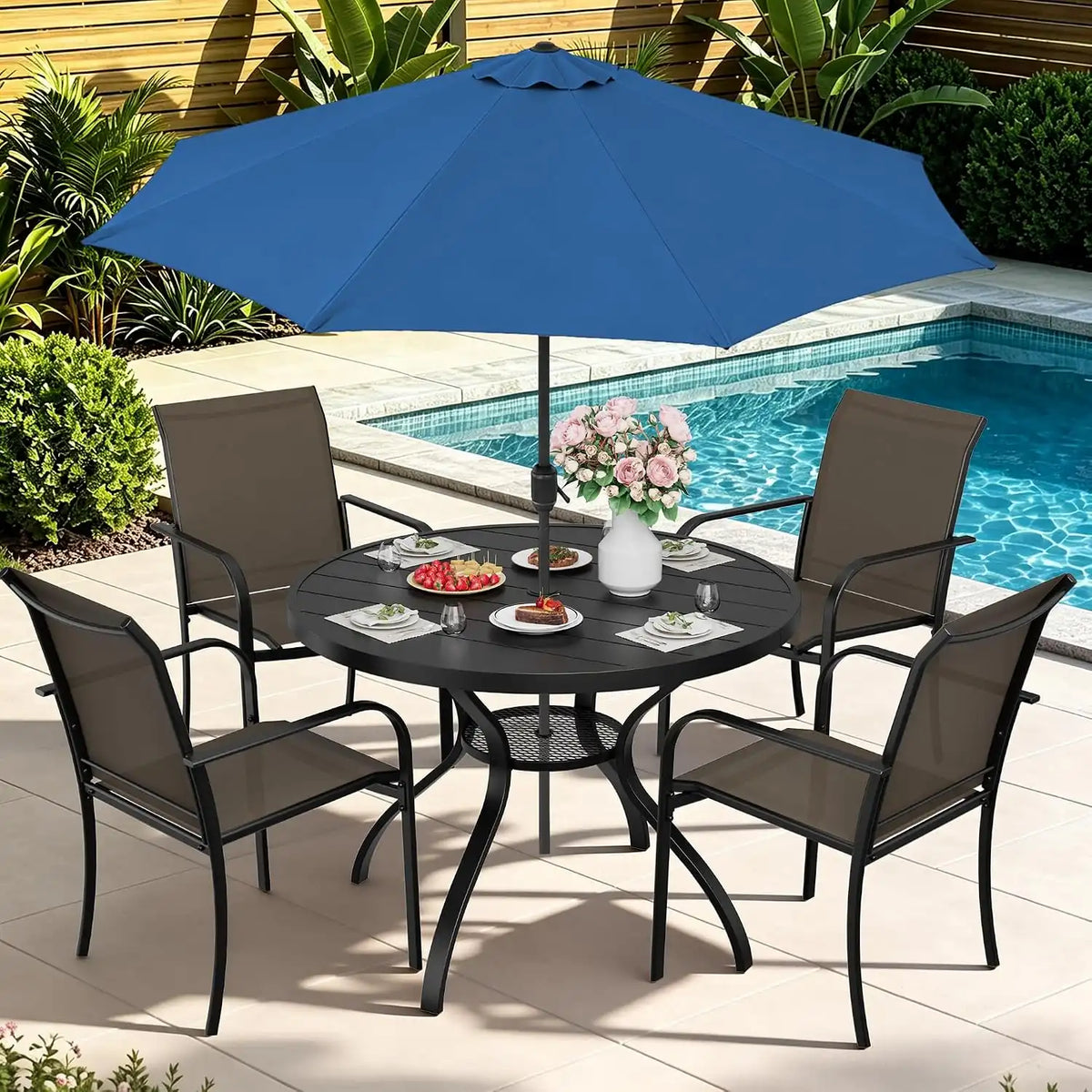 SUNCROWN 6 - Piece Outdoor Dining Set, Patio Furniture Set with 4 Textilene Dinning Chairs, 41" Metal Round Table and 1 Dark Blue 9Ft Patio Umbrella for Lawn Garden Backyard Deck, Brown