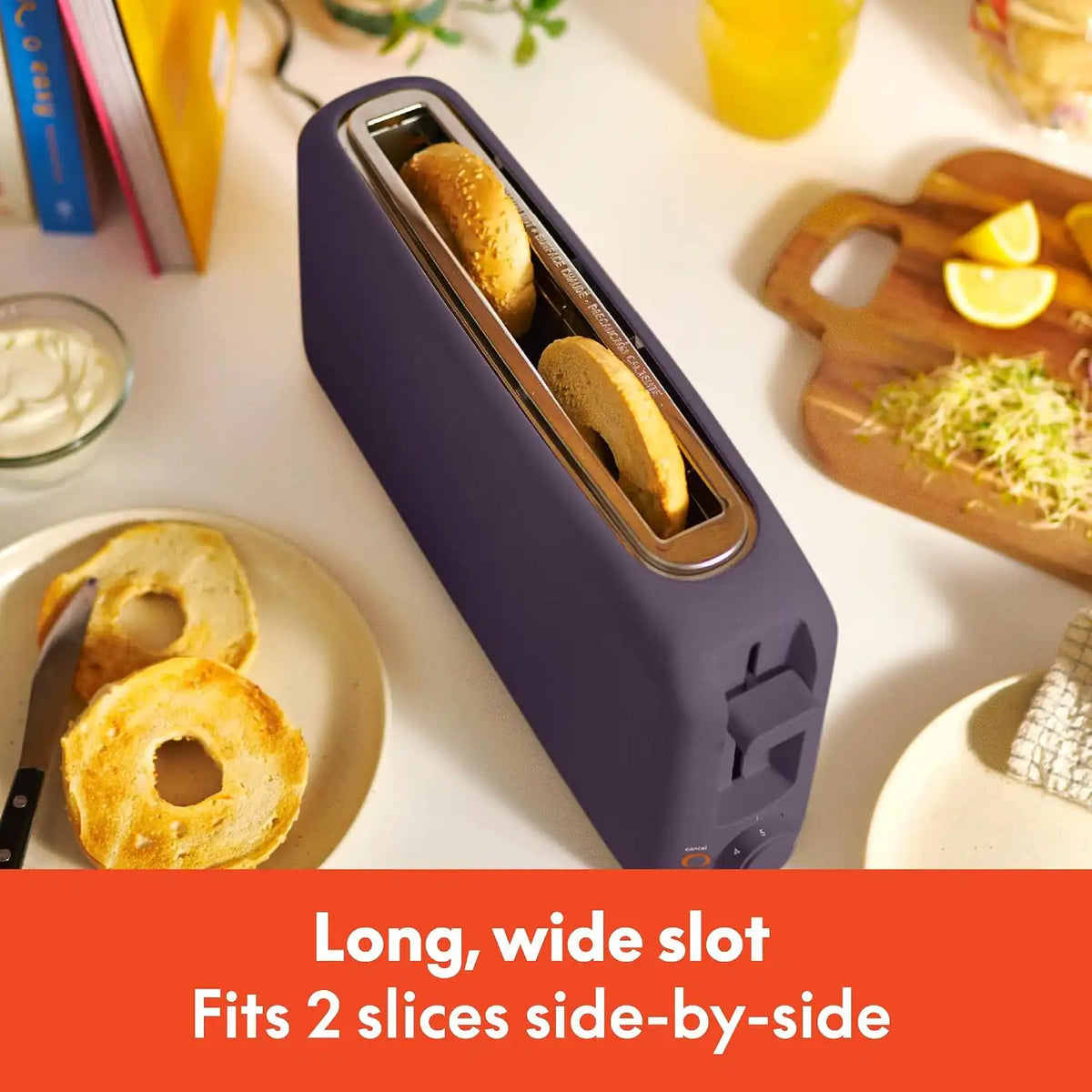 bella 2 Slice Slim Toaster, Fits-anywhere™ Kitchenware, 6 Setting Shade Control with Reheat & Cancel Buttons, Fits Sourdough, 10” Long Slot, Anti Jam & Auto Shutoff, 900 Watt, Plum