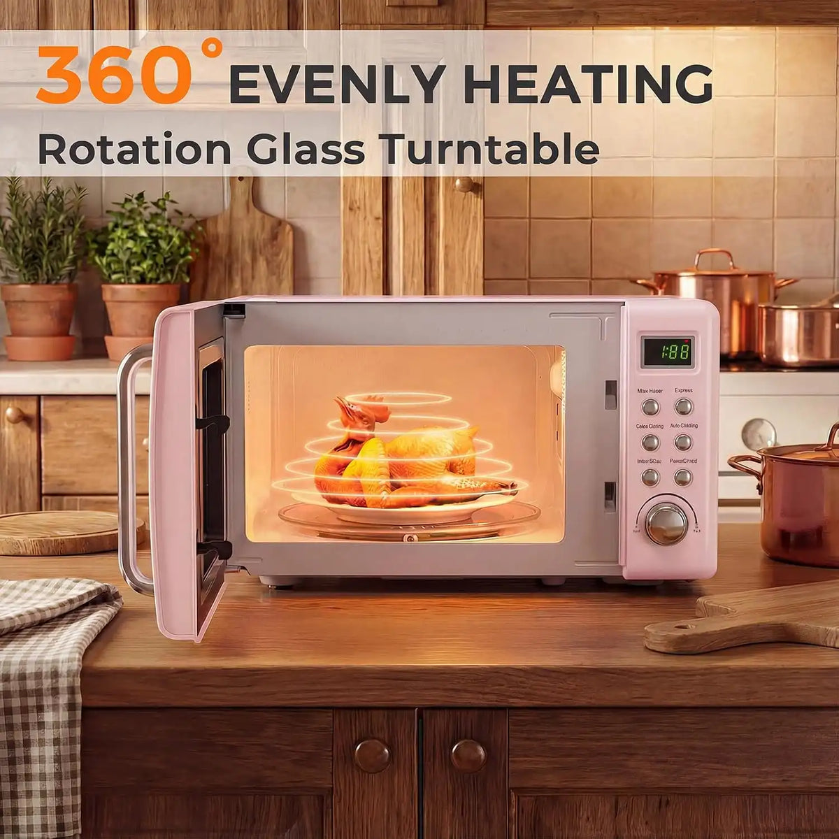 LDAILY 0.7Cu.ft Retro Small Microwave Oven, 700W Compact Countertop Microwave with 5 Power Levels, Auto Cooking Menus, Glass Turntable, Child Lock & Glass Turntable for Apartment, Dorm (Pink)