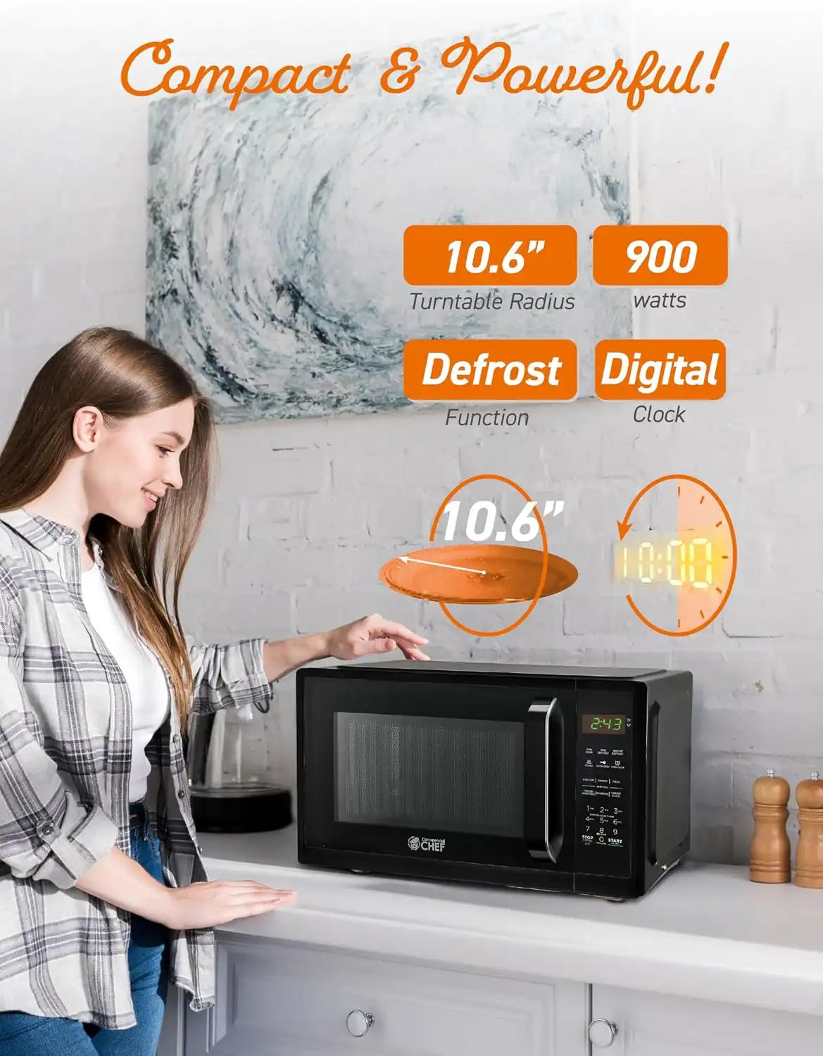 Commercial Chef 0.9 Cu. Ft. Countertop Microwave Oven, CHM9MB, Black