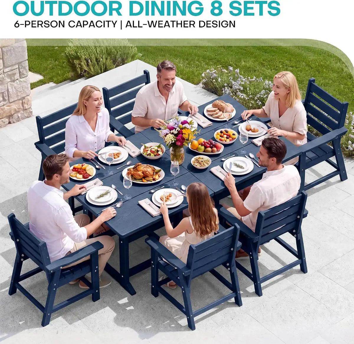 HDPE Outdoor Dining Set, Patio Dining Set of 8, Navy