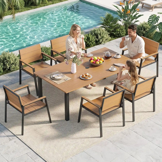 LazySunsets Outdoor Dining Set with Umbrella Hole (Gray/Teak, 7 Piece)