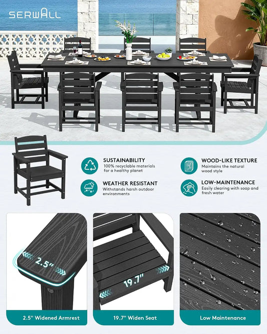 SERWALL 9Pcs 84" HDPE Outdoor Dining Set for 8 with Armchairs,Black