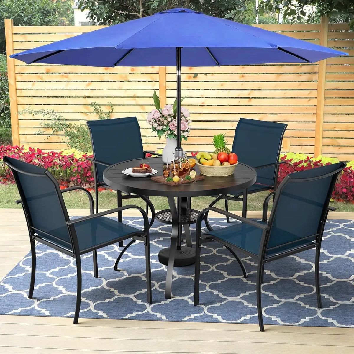 SUNCROWN 6 - Piece Outdoor Dining Set, Patio Furniture Set with 4 Textilene Dinning Chairs, 41" Metal Round Table and 1 Dark Blue 9Ft Patio Umbrella for Lawn Garden Backyard Deck, Blue