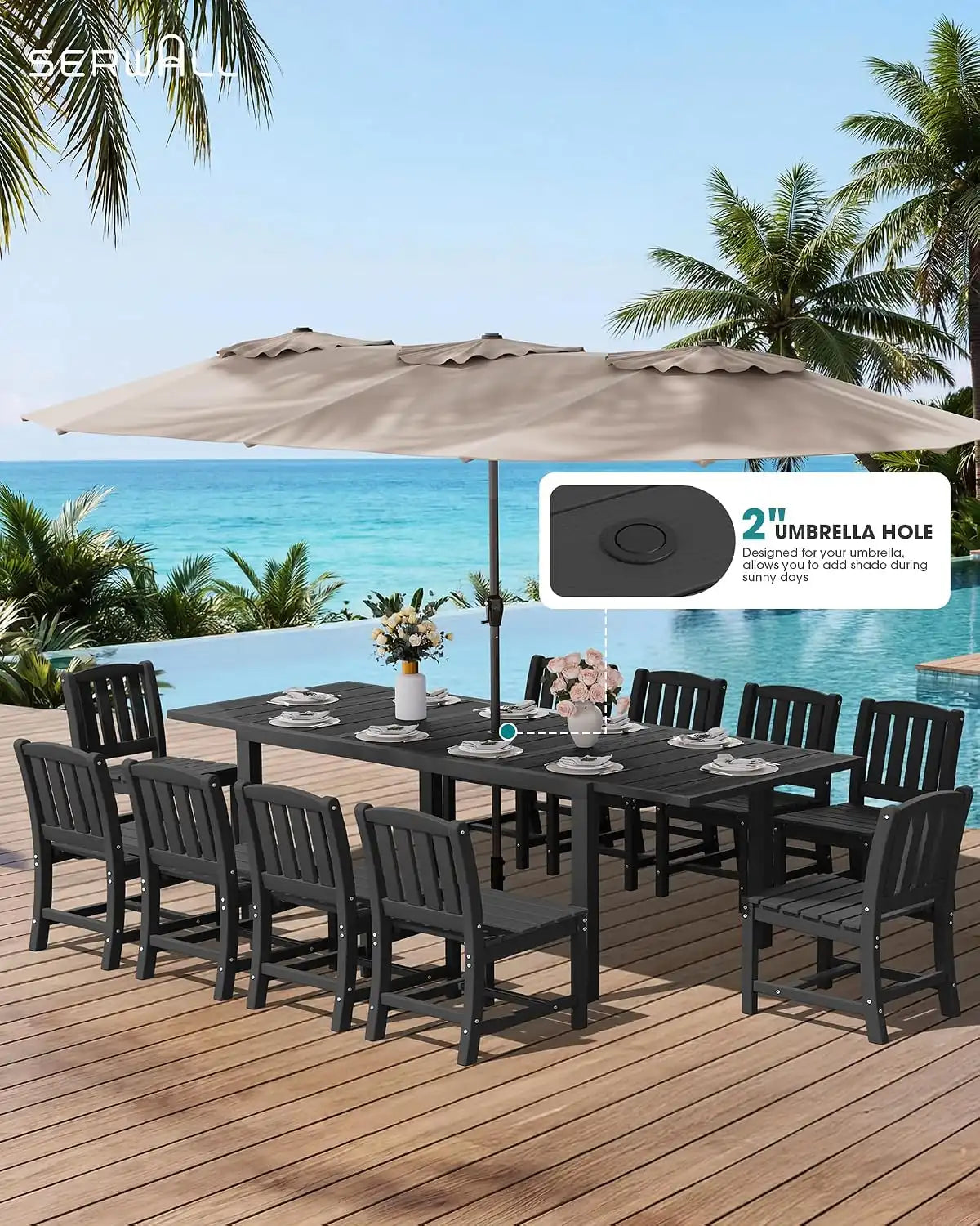 SERWALL Outdoor Dining Table and Chairs for 8, Black