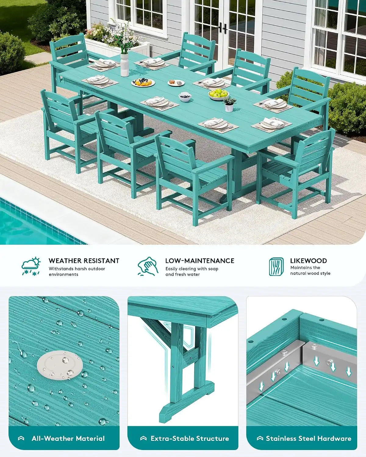 SERWALL Outdoor 84" HDPE Rectangular Dining Table for 6-8,All-Weather,Aruba