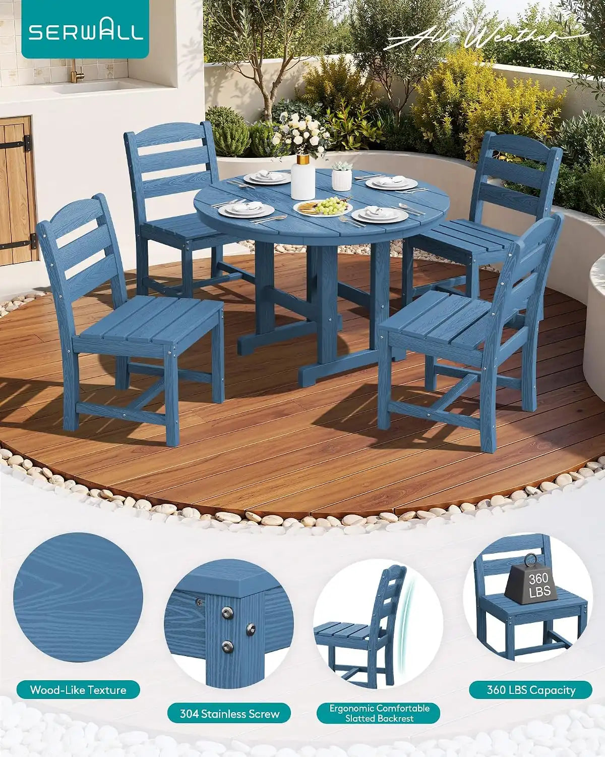 SERWALL 5-Piece Patio Dining Set, 45" Table & 4 Armless Chairs, Navy