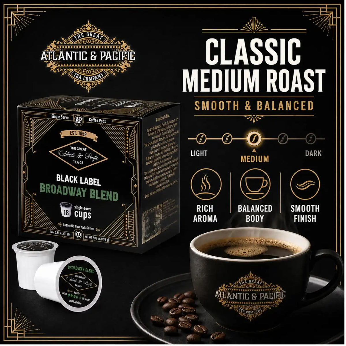 A&P Broadway Blend Medium Roast Coffee Pods, 100% Arabica, 72 Count