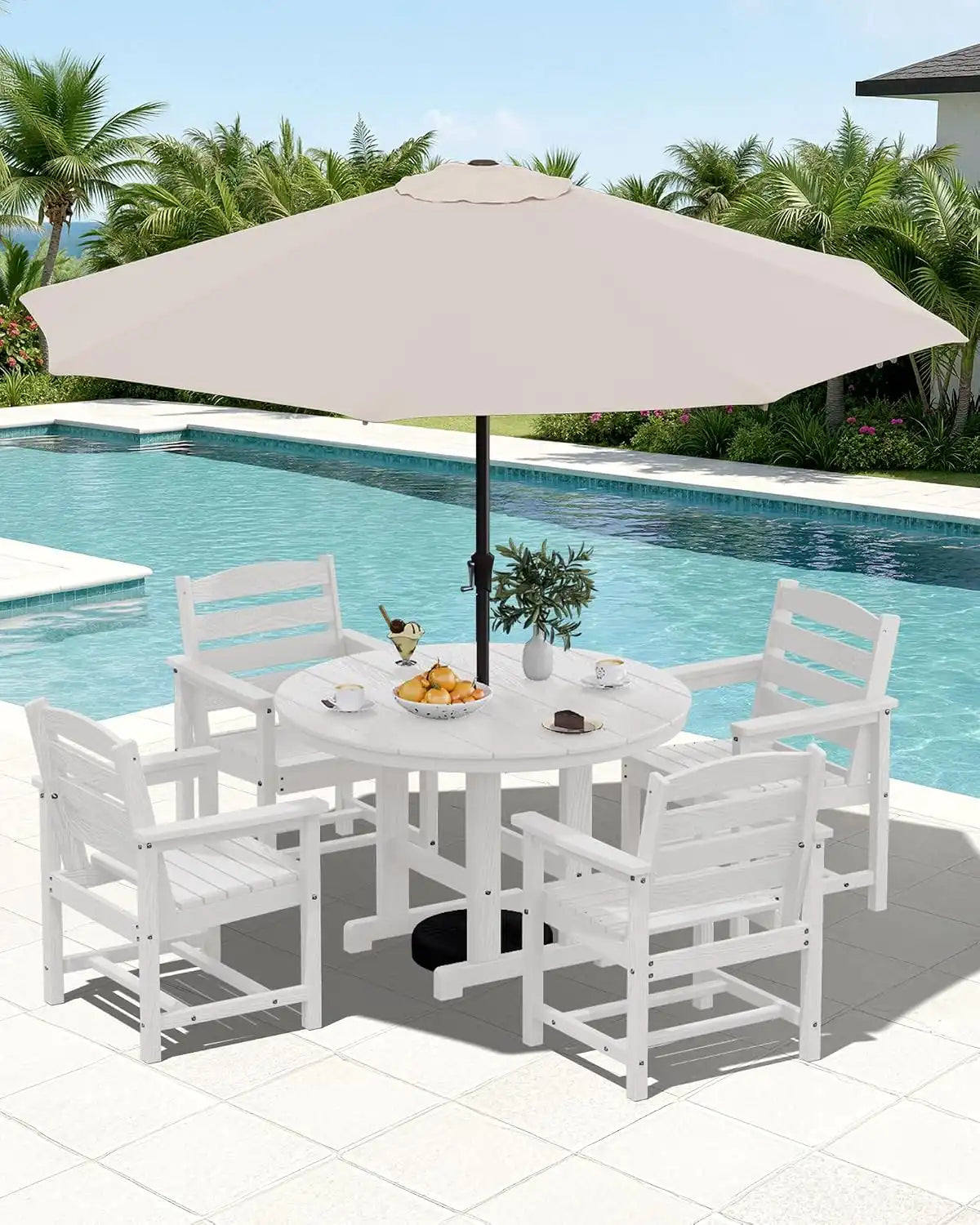 SERWALL 6-Pc Dining Set, 45" Table, 4 Chairs&9FT Umbrella, White (No Base)