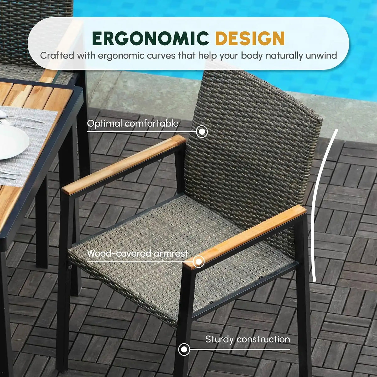7 PCS Acacia Wood Patio Dining Set, Dark Grey Rattan