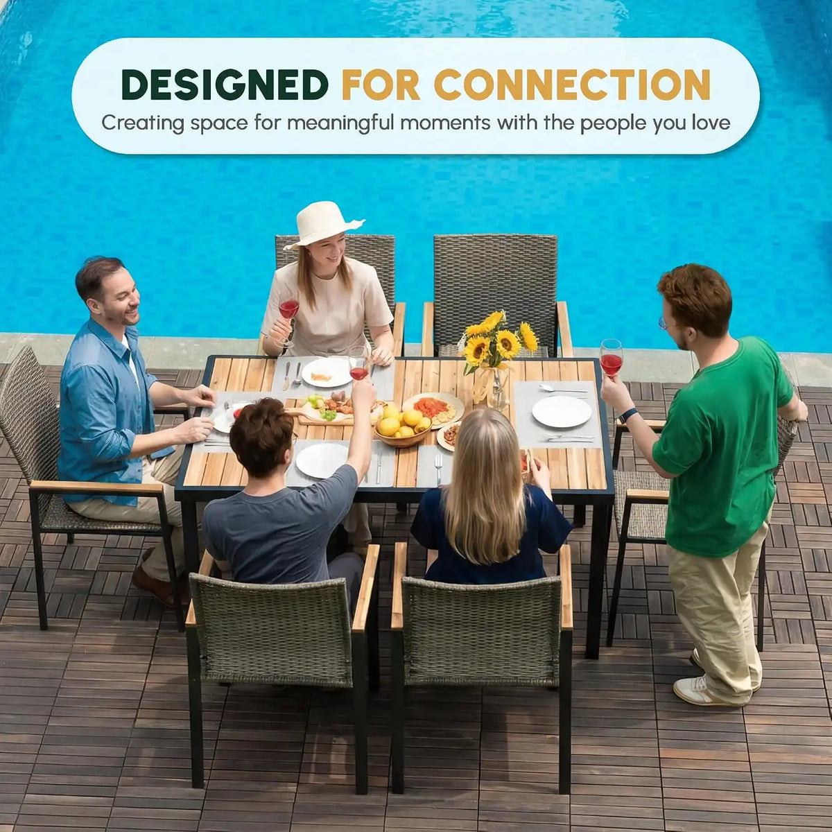7 PCS Acacia Wood Patio Dining Set, Dark Grey Rattan