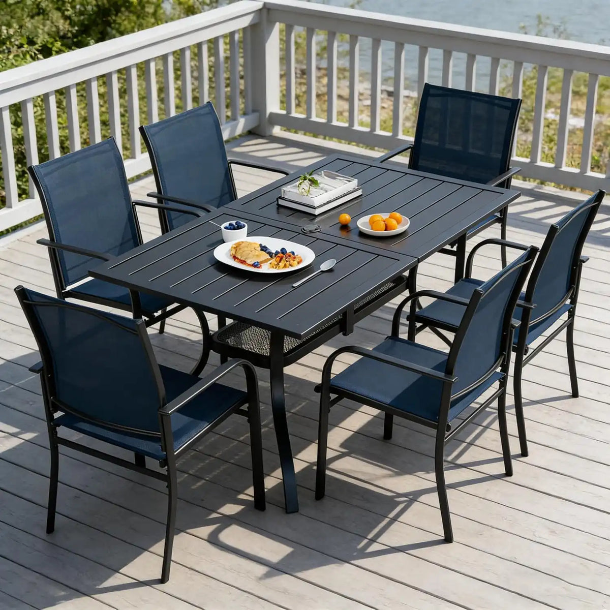 SUNCROWN 7 Pieces Outdoor Dining Set, Patio Furniture Set with 6 x Textilene Dinning Chairs and 1 60"x37" Steel Slat Metal Bistro Table for Backyard Lawn Deck Garden, Dark Blue