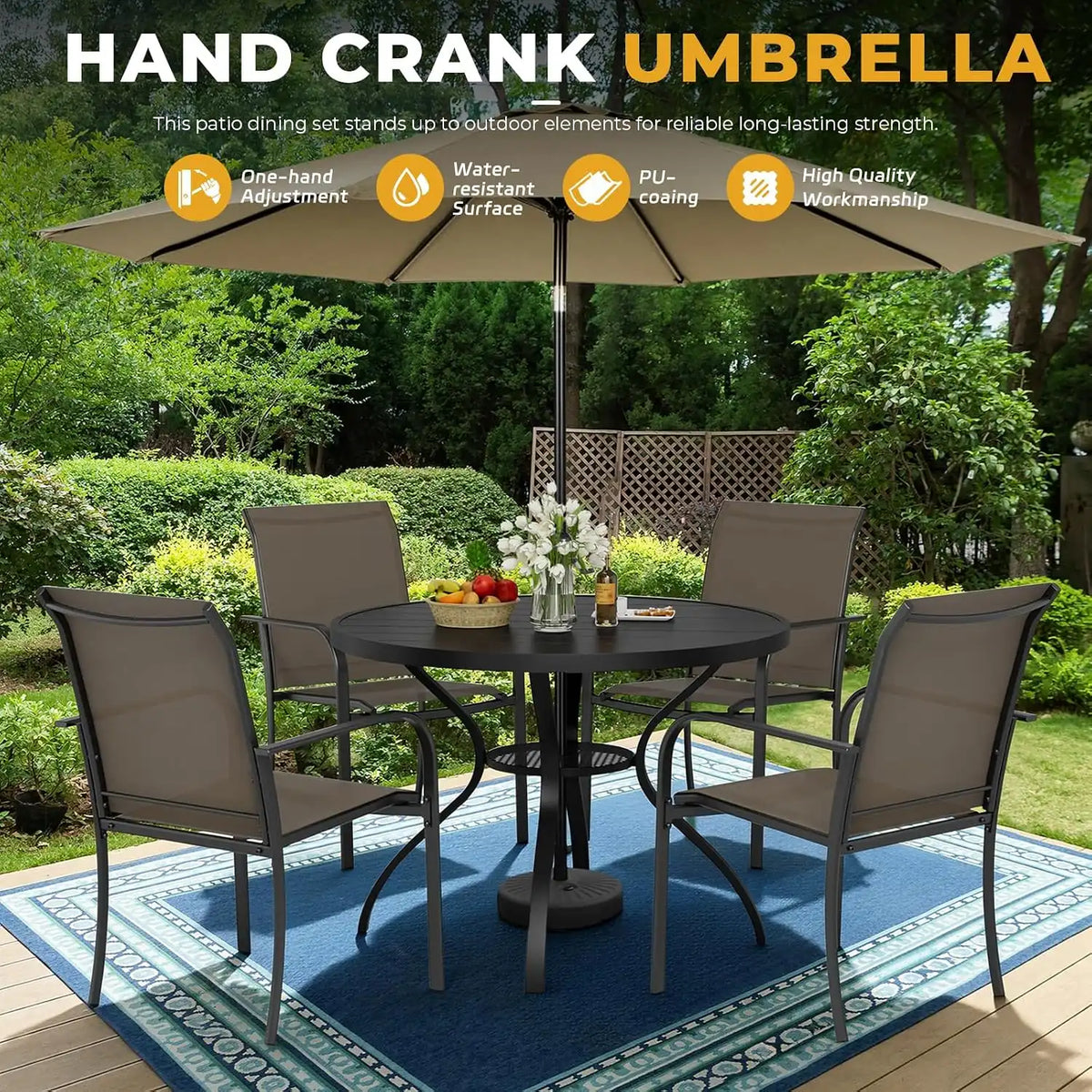 SUNCROWN 6 - Piece Outdoor Dining Set, Patio Furniture Set with 4 Textilene Dinning Chairs, 41" Metal Round Table and 1 Brown 9Ft Patio Umbrella for Lawn Garden Backyard Deck, Brown