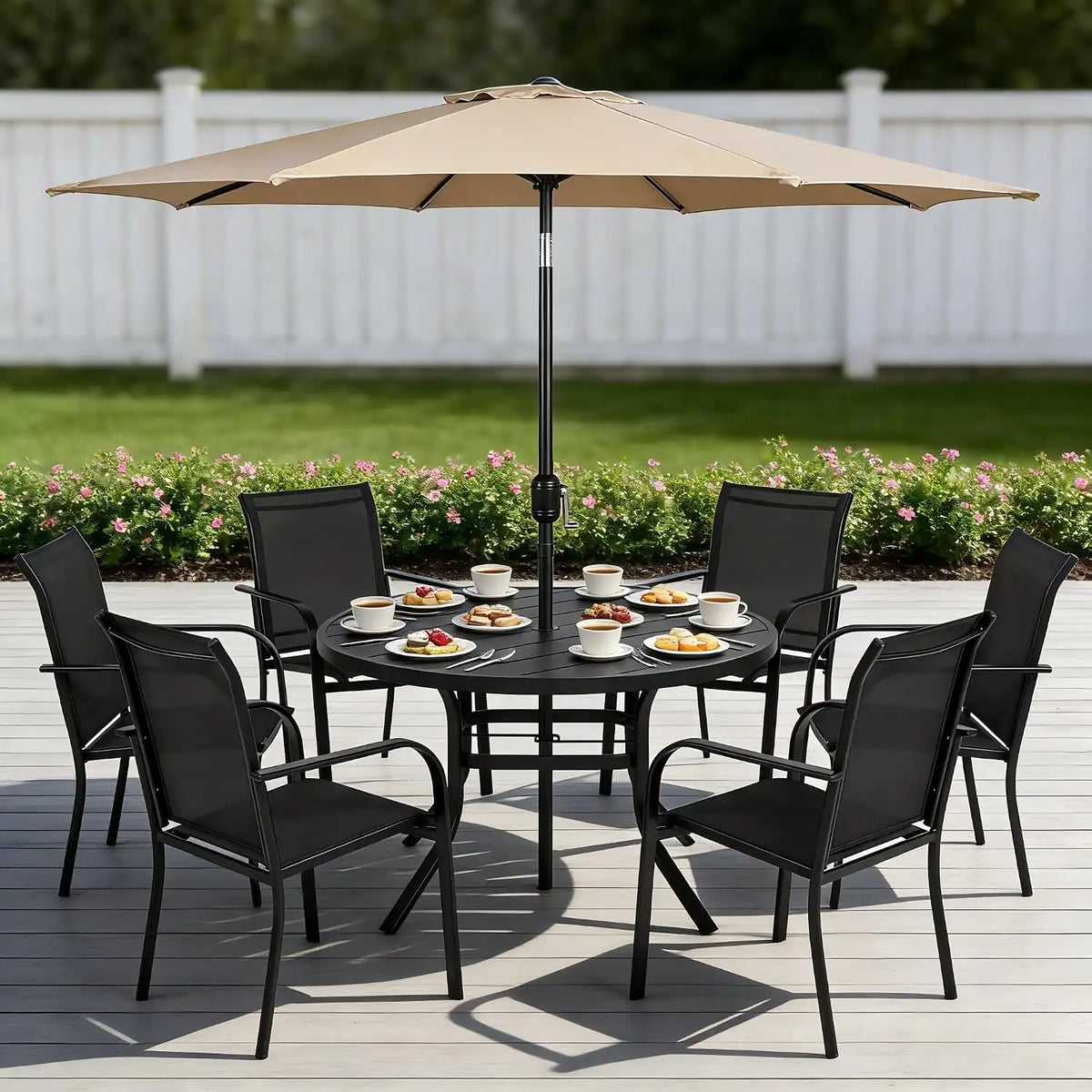 SUNCROWN 8 - Piece Outdoor Dining Set, Patio Furniture Set with 6 Textilene Dinning Chairs, 53" Metal Round Table and 1 Brown 9Ft Patio Umbrella for Lawn Garden Backyard Deck, Black