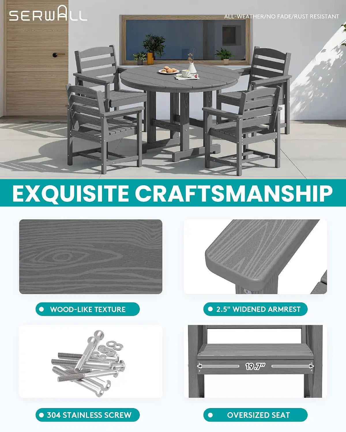 SERWALL 5-Piece Patio Round Dining Set, 45" Table, 4 Chairs, Grey