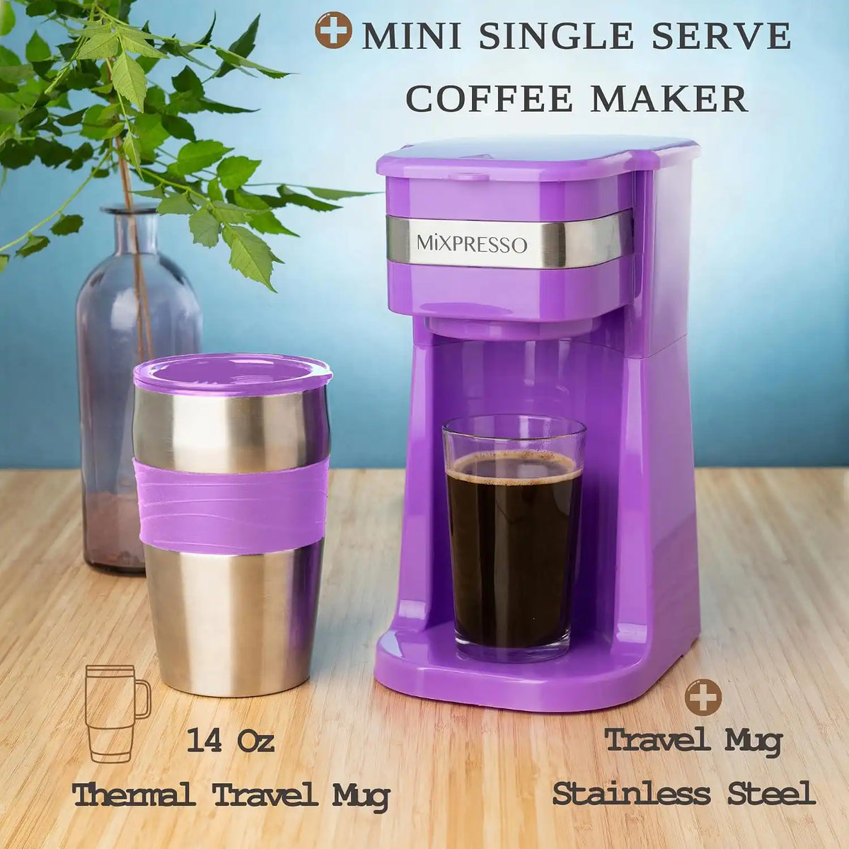 Mixpresso Single Serve & Single Cup Coffee Maker with 14oz Travel Mug