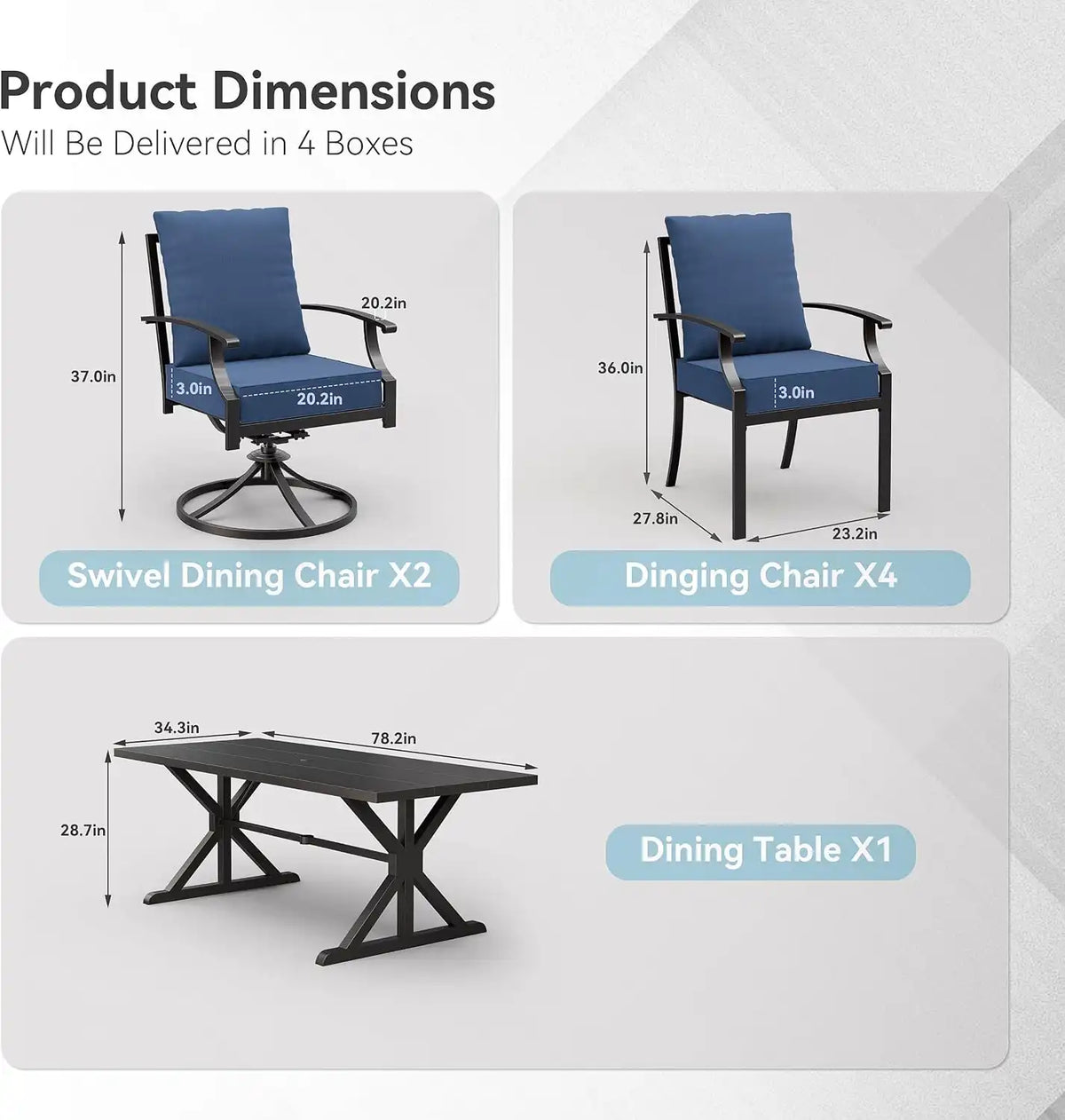 ALAULM 7-Piece Patio Dining Set,Outdoor Metal Dining Set with 2 Swivel Chairs & Rectangle Table with 1.5 Umbrella Hole, Patio Dining Table and Chairs for Backyard,Navy