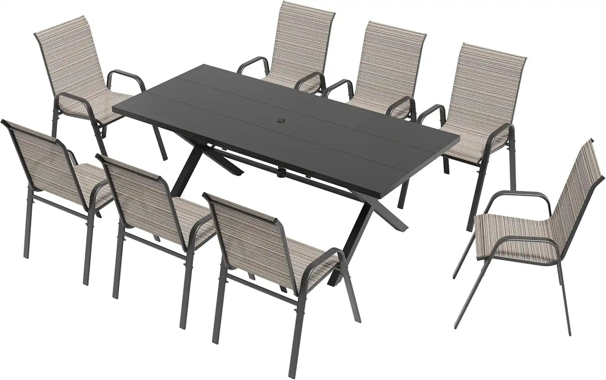 9 PCS Outdoor Patio Dining Set,Patio Table and Chairs Metal Outdoor Patio Furniture Set with Umbrella Hole,Dining Table Set with 8 Teslin Chairs for Deck,Backyard and Garden