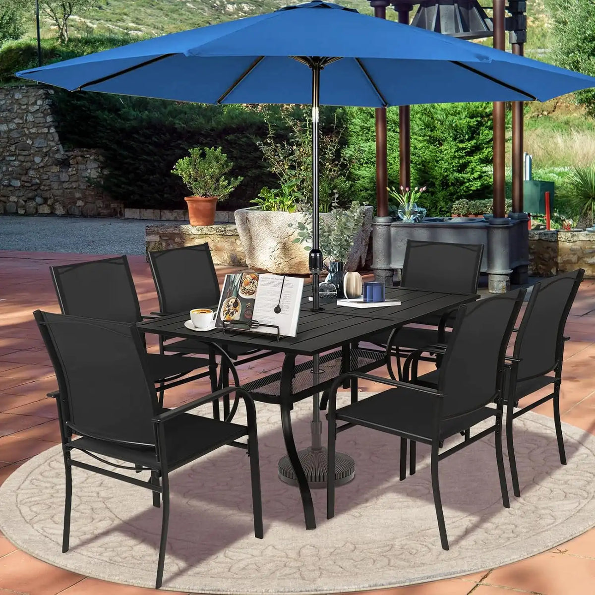 SUNCROWN 8 - Piece Outdoor Dining Set, Patio Furniture Set with 6 Textilene Dinning Chairs, 1 Rectangle Metal Table and 1 Dark Blue 9Ft Patio Umbrella for Lawn Garden Backyard Deck, Black