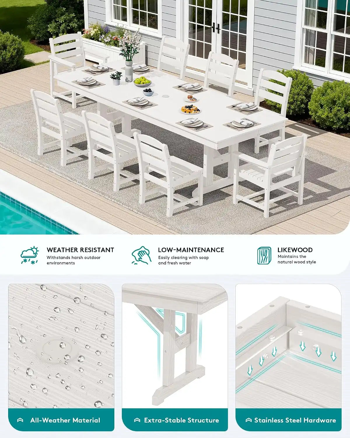 SERWALL 9Pcs HDPE Outdoor Dining Set w/6 Armless, 2 Armchairs for 8,White