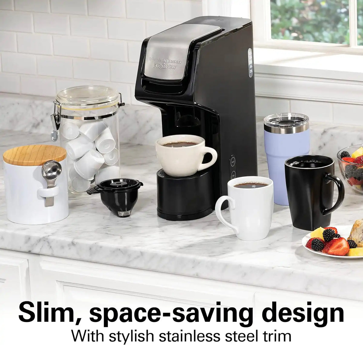 Hamilton Beach 49918 FlexBrew Single-Serve Coffee Maker Compatible with Pod Packs and Grounds, 14 oz, Black, Stainless - Fast Brew