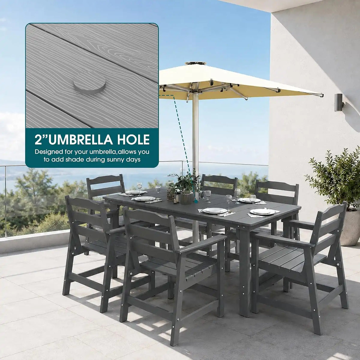 THOEOE Outdoor Dining Set for 6, 70 inch Patio Table and Chairs set, HDPE